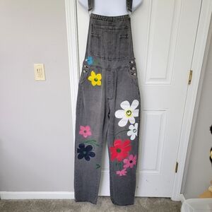 Misslook Gray Denim Overalls Large Flowers Painted Look EUC Size Medium